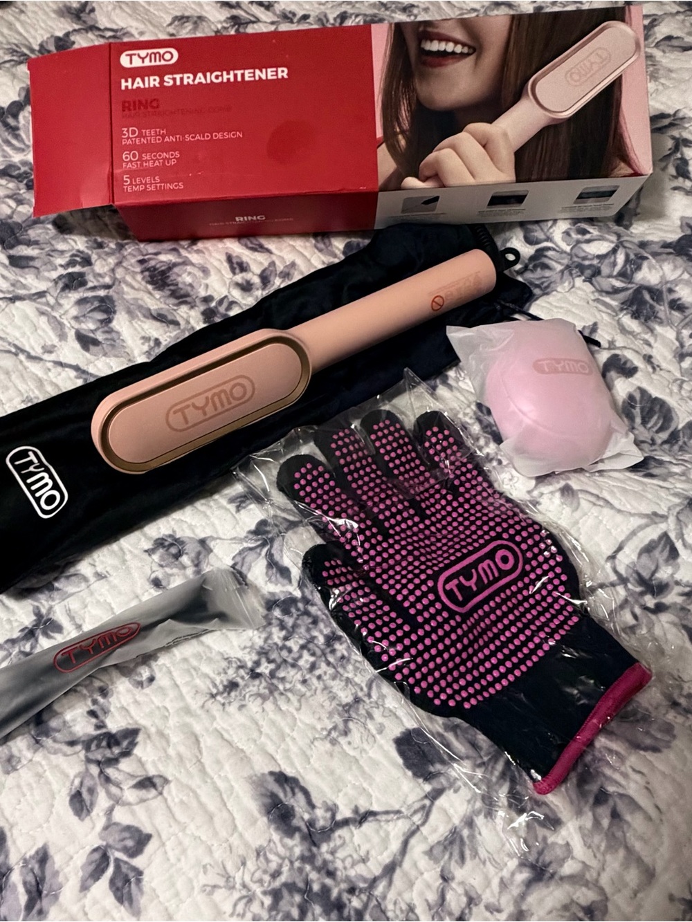 Tymo Ring Pink Hair Straightener with Heat-Resistant Glove and accessories